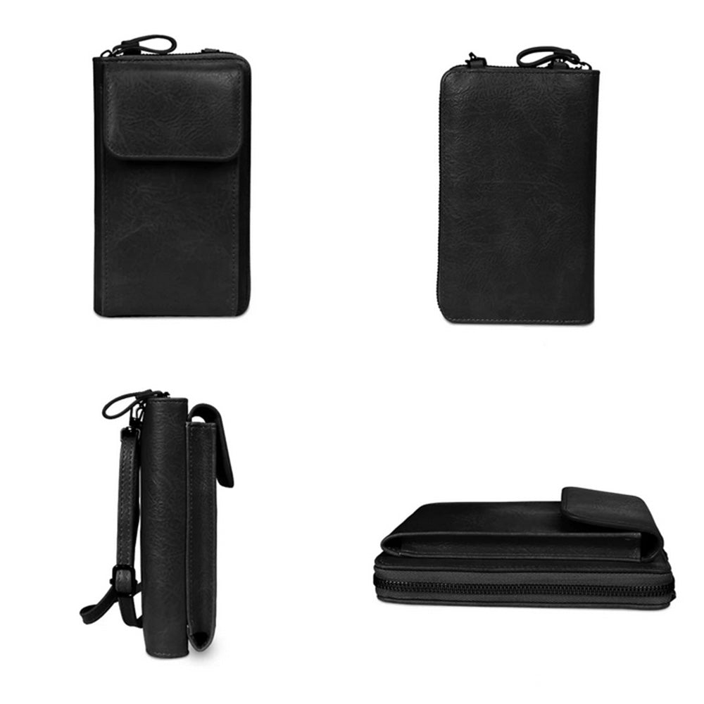 PU Leather Women Pouch Bag Mobile Phone Bag Crossbody Purse Wallet Shoulder Bag-Black