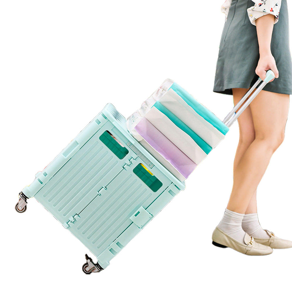 65L Folding Utility Cart Portable Rolling Crate Handcart Shopping Trolley with Lid Green