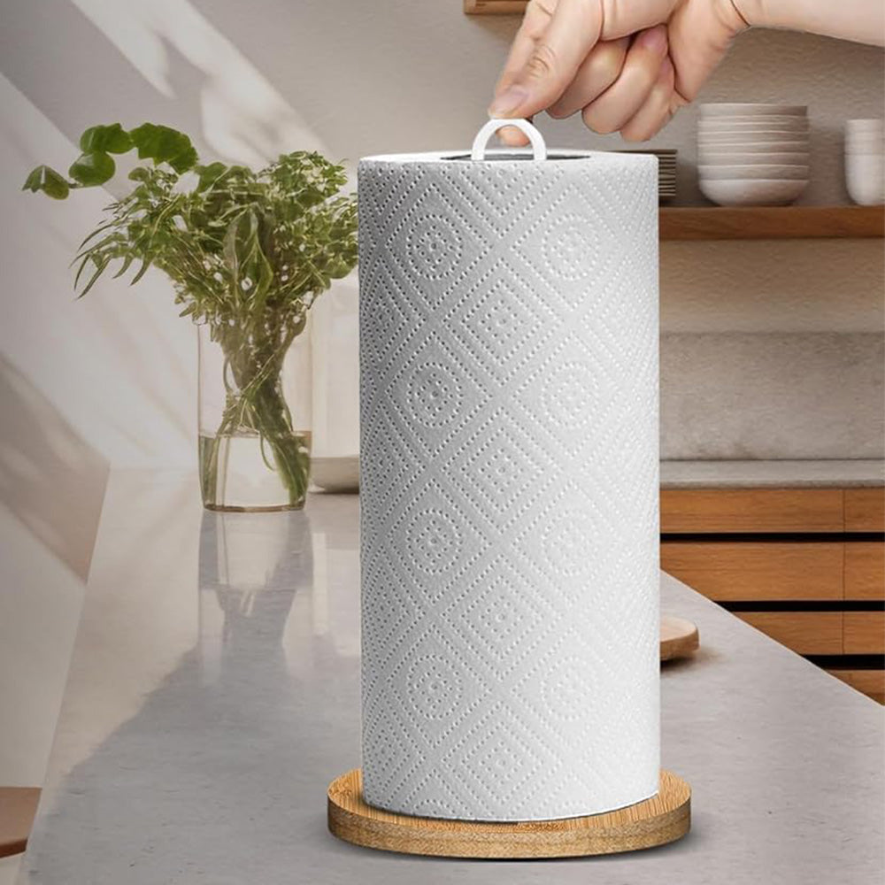 Freestanding Paper Towel Holder with Non-Slip Wood Base for Countertop White