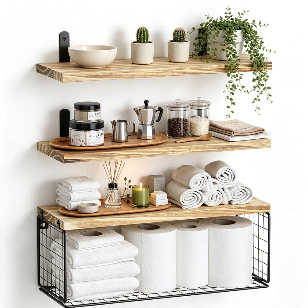 3 Piece Engineered Wood Wall Shelves with Storage Basket - Khaki
