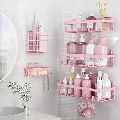 5Pcs Shower Caddy Adhesive Bathroom Wall Organizer Rack-Pink