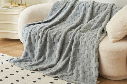 Soft Fleece Throw Blanket Checkered Jacquard Throw Blanket for Couch Bed-Grey