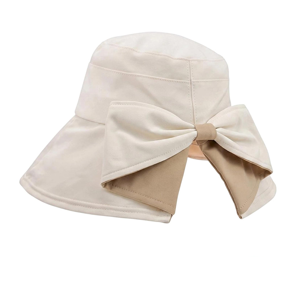 Wide Brim Bow Sun Hat Foldable Breathable Hat for Women - Beige