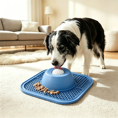 2 in 1 Dog Slow Feeder Bowl with Rolling Ball Lick Mat Non Slip Suction Cup-Blue