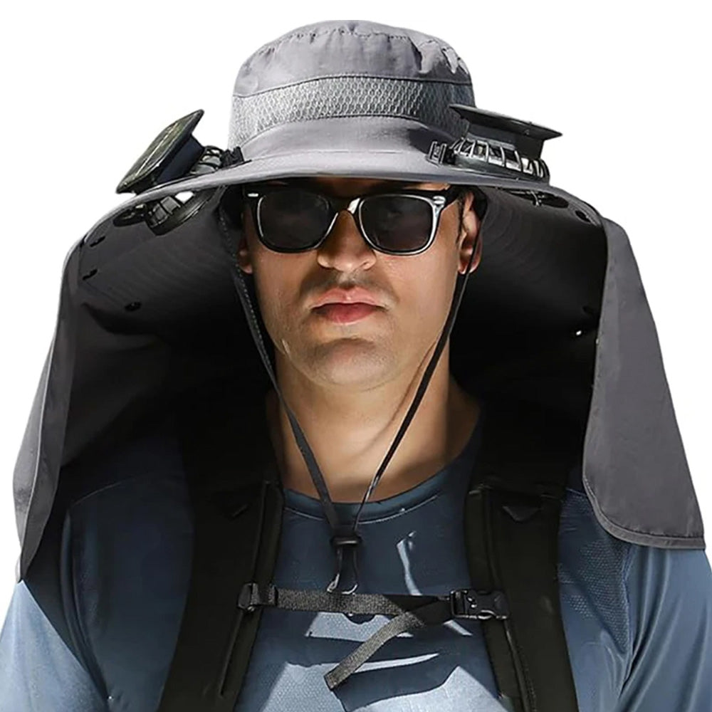 Outdoor Wide Brim Sun Hat with 2 Solar Fan Sun Bucket Hat for Fishing Camping Hiking Grey
