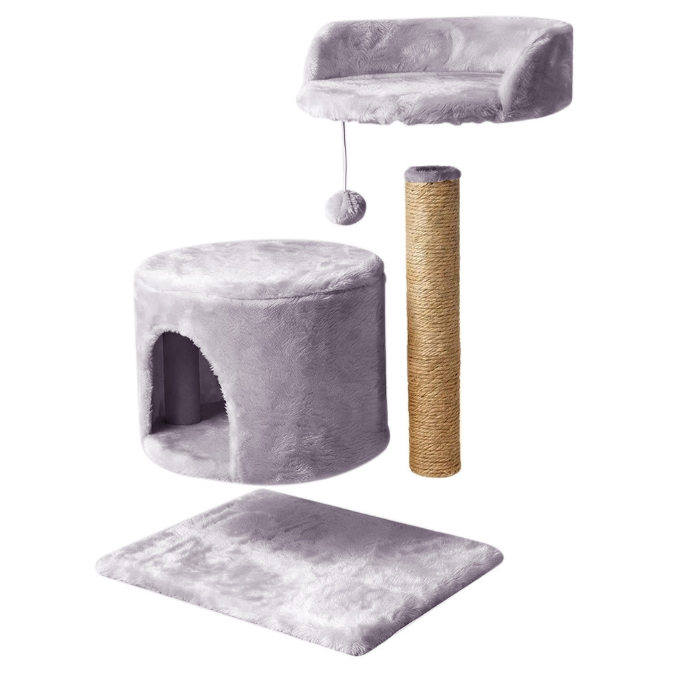 Small Cat Tree Tower with Enclosed Condo Scratching Post and Hanging Toy - Light Grey