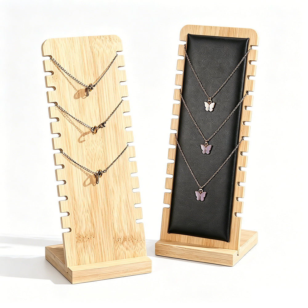 Bamboo Necklace Display Stand for Vendor-Black Leather
