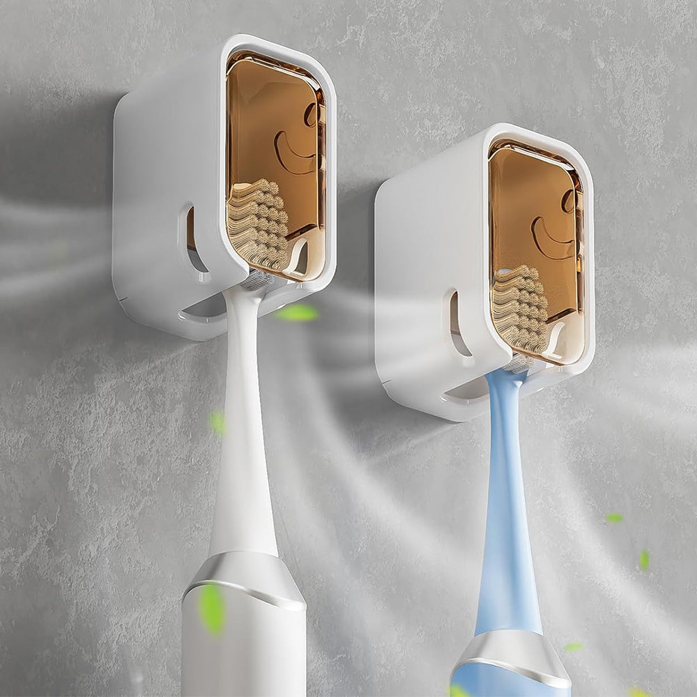 2PCS Wall-Mounted Toothbrush Holders with Cover Shower Tooth Brush Storage Coffee