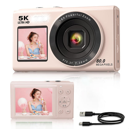 5K HD Dual Screen Selfie Digital Camera 80MP Photography Camera - Pink