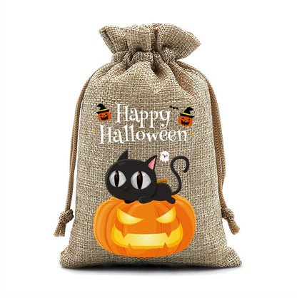 12 Pack Halloween Burlap Drawstring Gift Bags with Pumpkin Ghost Designs - Beige