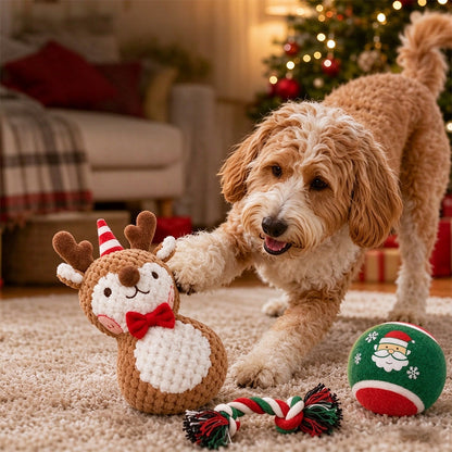 3 Pack Christmas Pet Squeaky Toy Gift with Plush Ball and Chew Rope - Deer