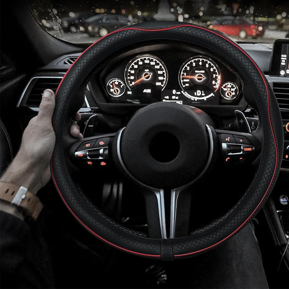 Breathable Microfiber Leather Steering Wheel Cover-Black and Red