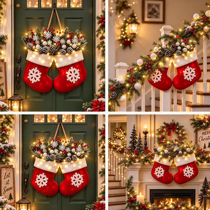 Christmas Wreath Sock Shape with Warm Light Door Hanging Decor