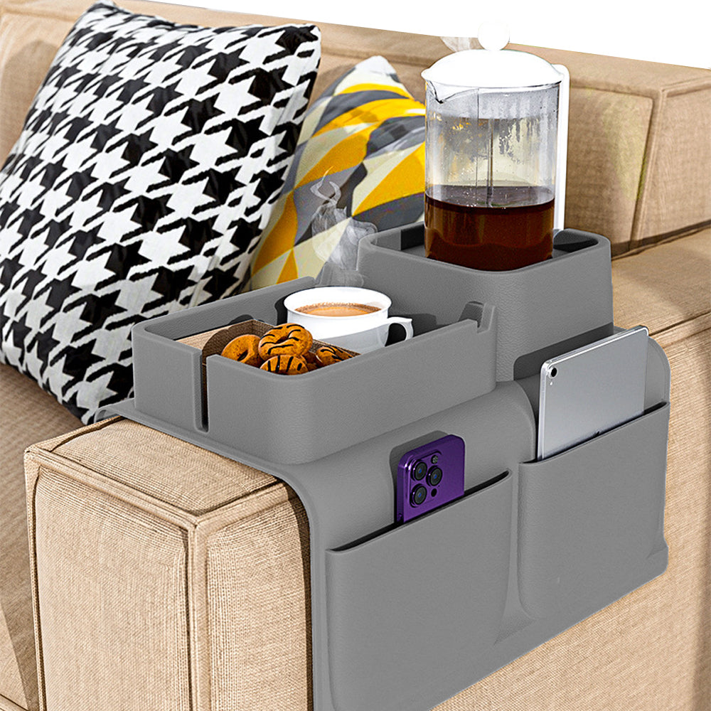 Couch Cup Holder Tray Sofa Armrest Tray with Drink Holder Side Pockets Grey
