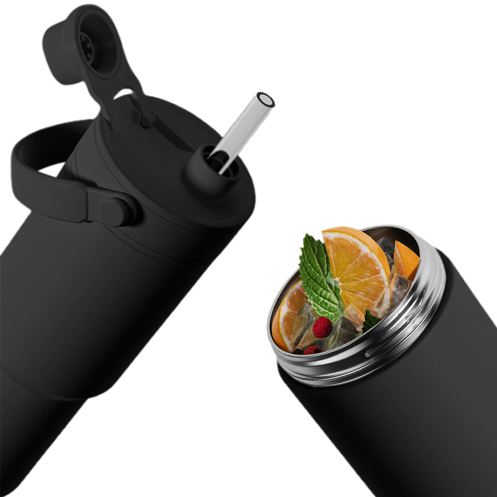 Dual Lid Tumbler with Straw 735ml Vacuum Insulated Water Bottle-Black