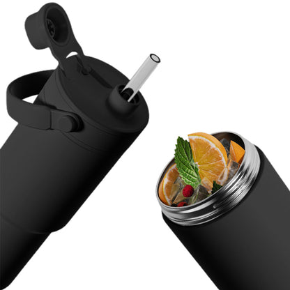 Dual Lid Tumbler with Straw 735ml Vacuum Insulated Water Bottle-Black