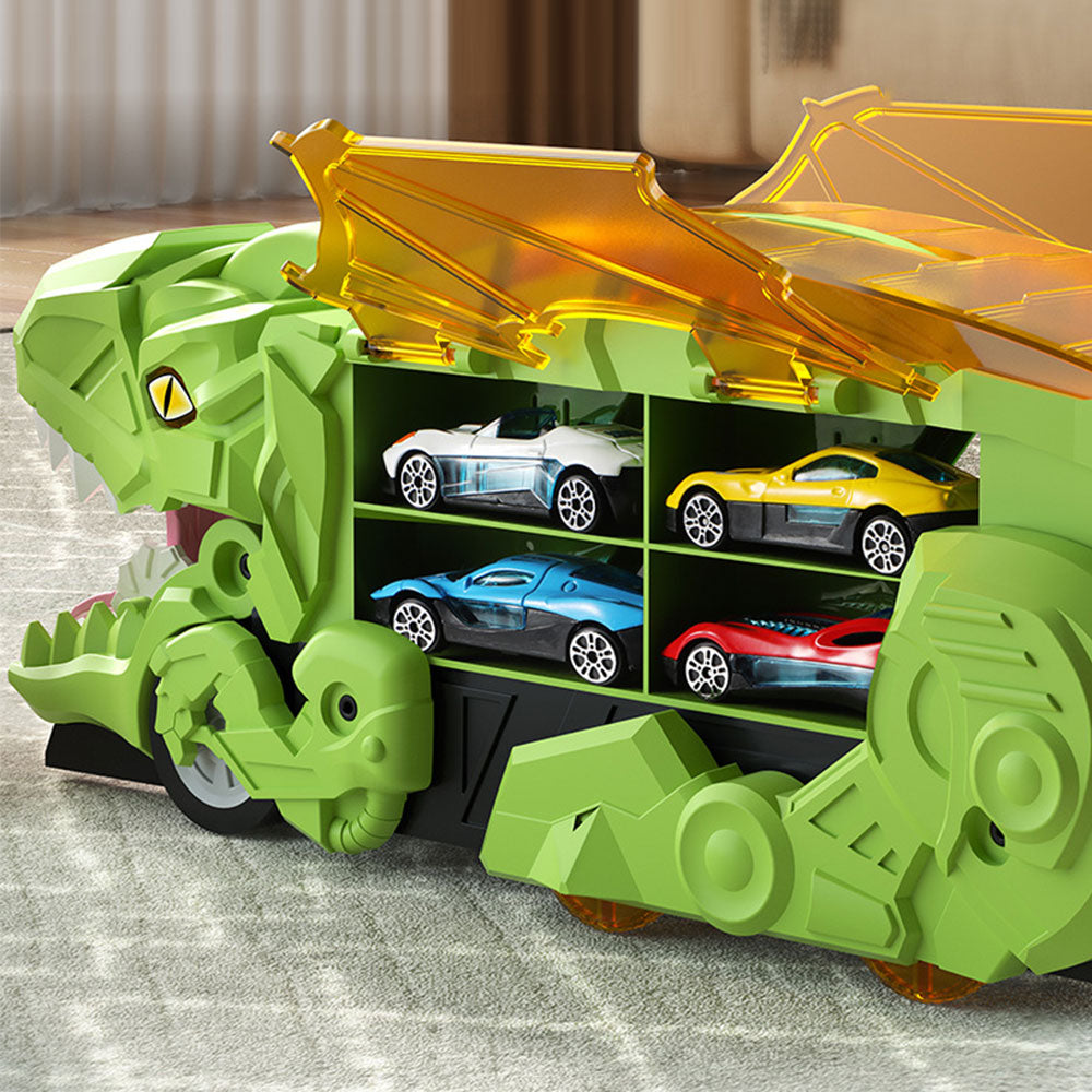 7Pcs Set Dinosaur Truck Toys Foldable Transport Track with 6 Pull Back Cars for Kids Christmas Birthday Green