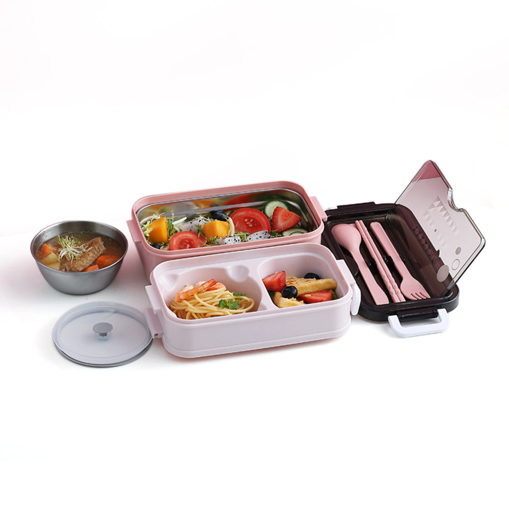 Stackable 3-Compartment Bento Box Lunch Containers with Dinnerware & Seal Cover Pink