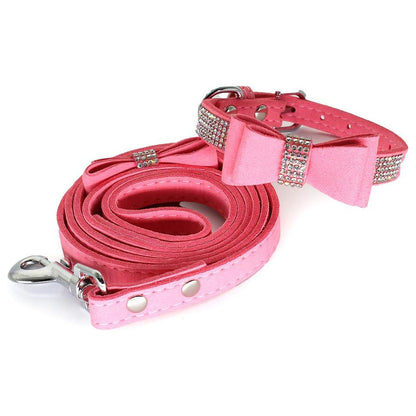 Dazzling Rhinestone Dog Collar and Leash Set with Bow Knot for Small Dogs and Puppies Pink