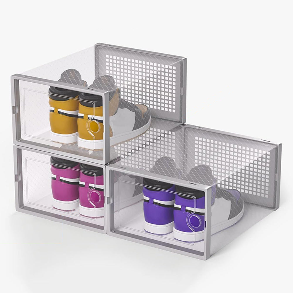2 Pcs Clear Stackable Shoe Boxes Plastic Sneaker Containers for Closet Under Bed-Grey