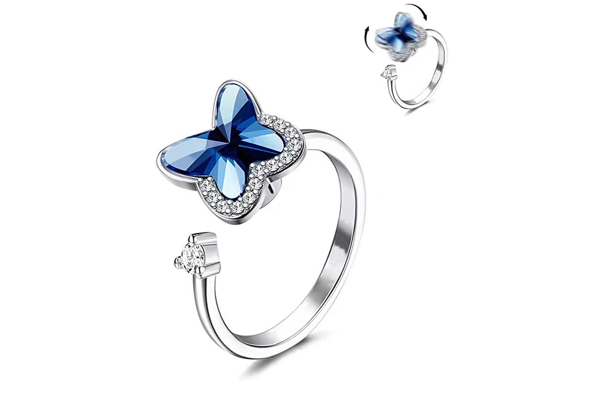 Anxiety Worry Fidget Spinner Ring Meditation Spinner Ring Adjustable Opening-Blue Butterfly
