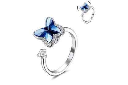 Anxiety Worry Fidget Spinner Ring Meditation Spinner Ring Adjustable Opening-Blue Butterfly