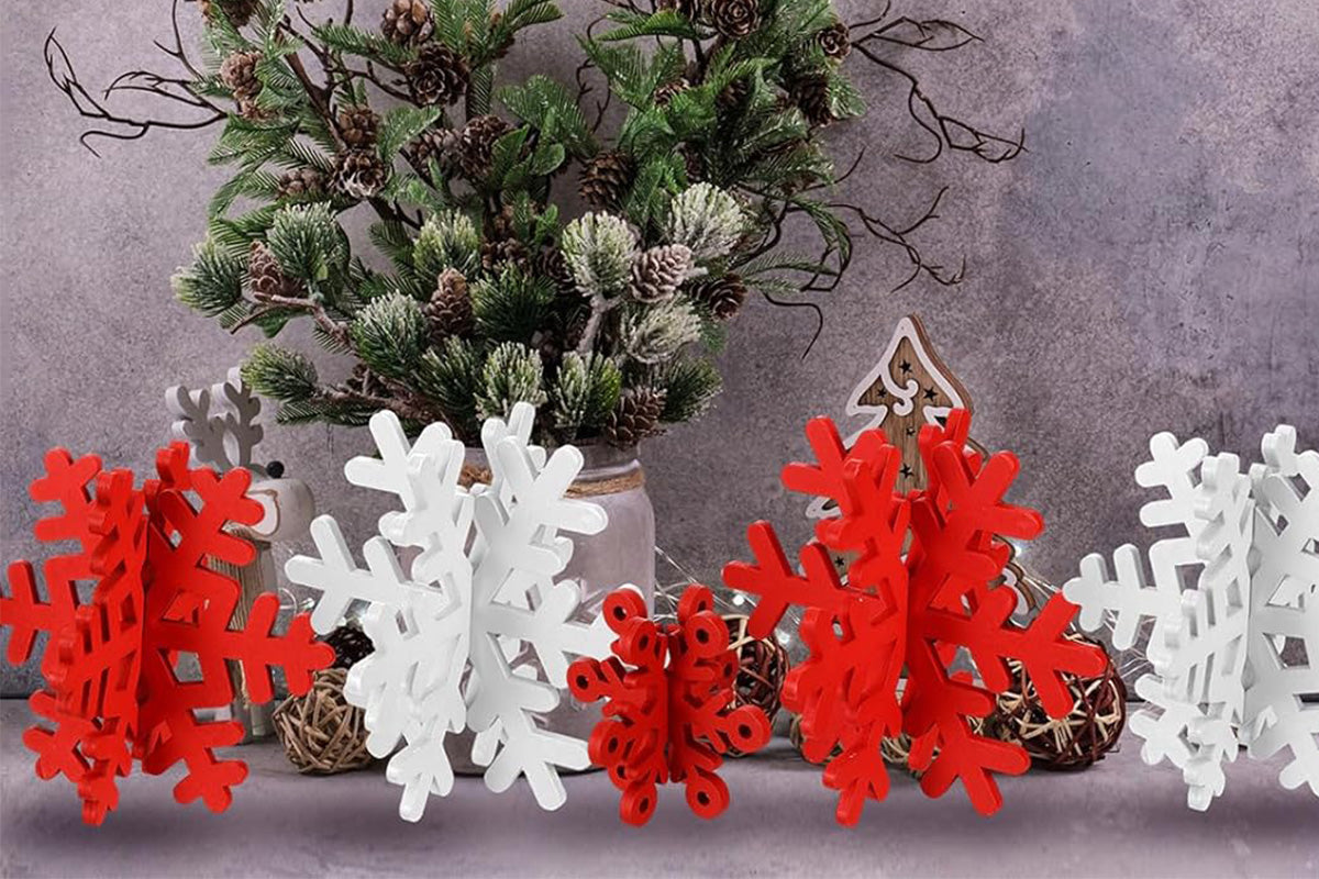 8Pcs 3D Wooden Snowflake Table Decor Christmas Wonderland Centerpiece-Red White