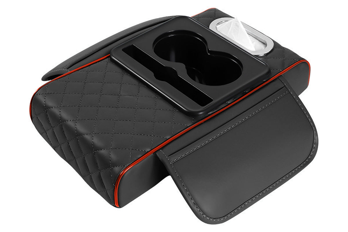 Car Armrest Cushion Organizer with Cup Holder Center Console Booster Pad-Red