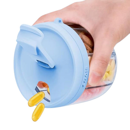 7-Compartment Pill Organizer Bottle with Handle & Rotating Lid for Travel Blue