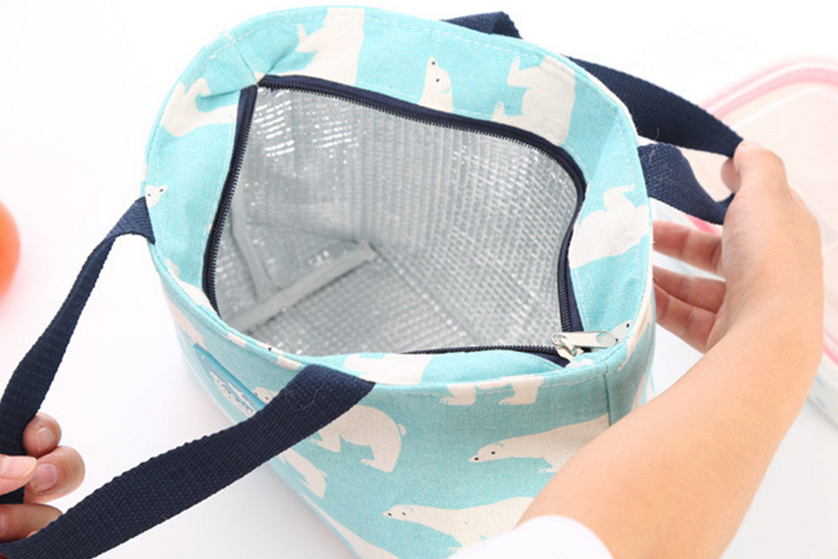 Cotton Insulated Lunch Bag for Work Travel Picnic-Light Blue