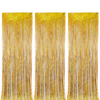 Set of 3Pcs 2M Fringe Curtain Backdrop Curtain Photo Booth Props Streamers Party Decorations Gold