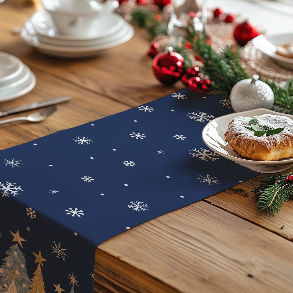Christmas Table Runner with Xmas Trees Festive Tablecloth Cover for Kitchen Dinner Party Blue