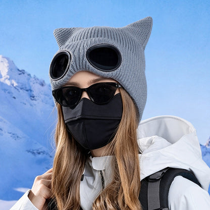 Double Layer Knit Winter Beanie with Goggles - Grey