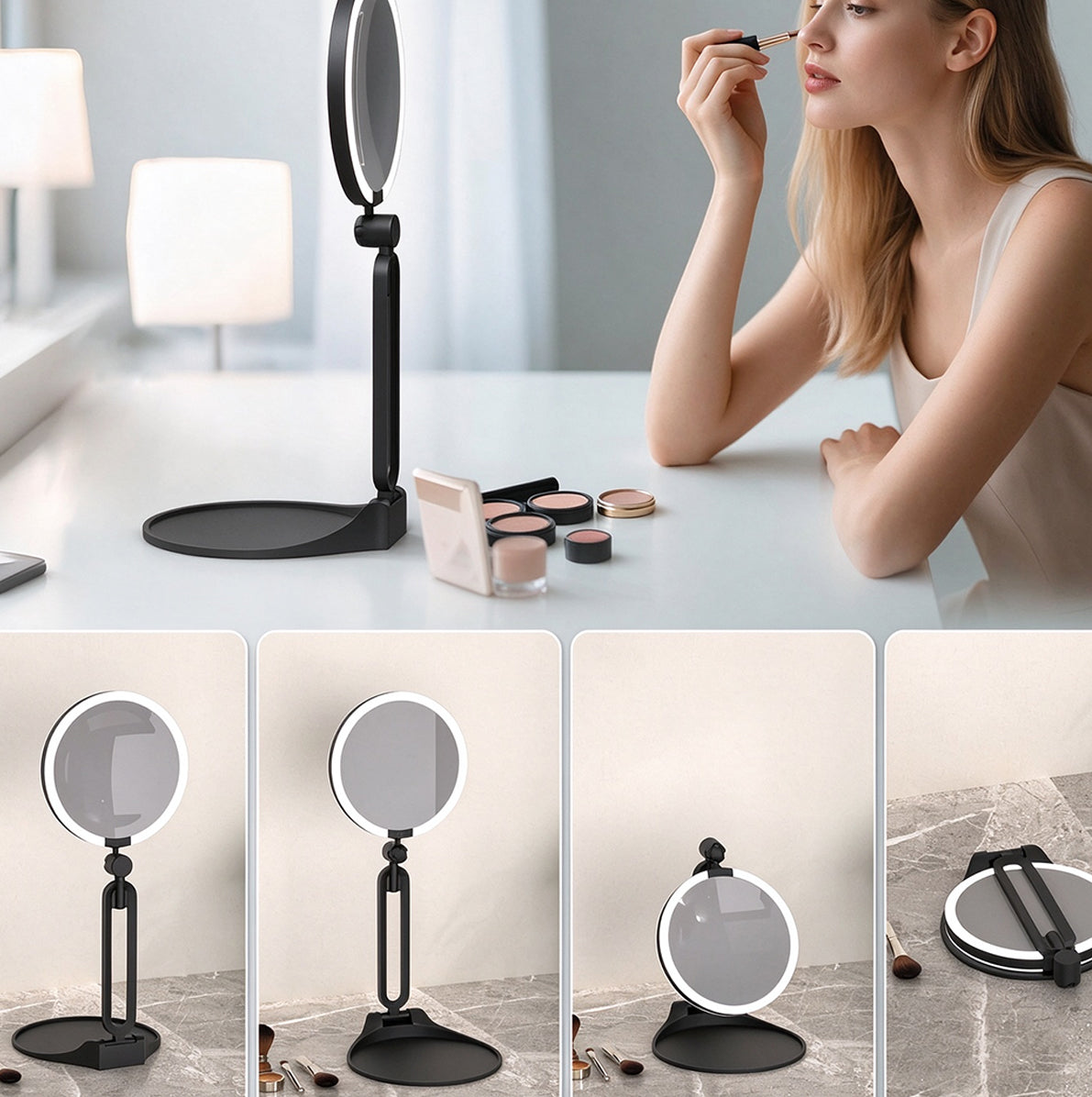 Portable Folding Double Sided LED Magnifying Makeup Mirror - Black