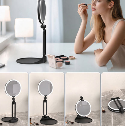 Portable Folding Double Sided LED Magnifying Makeup Mirror - Black
