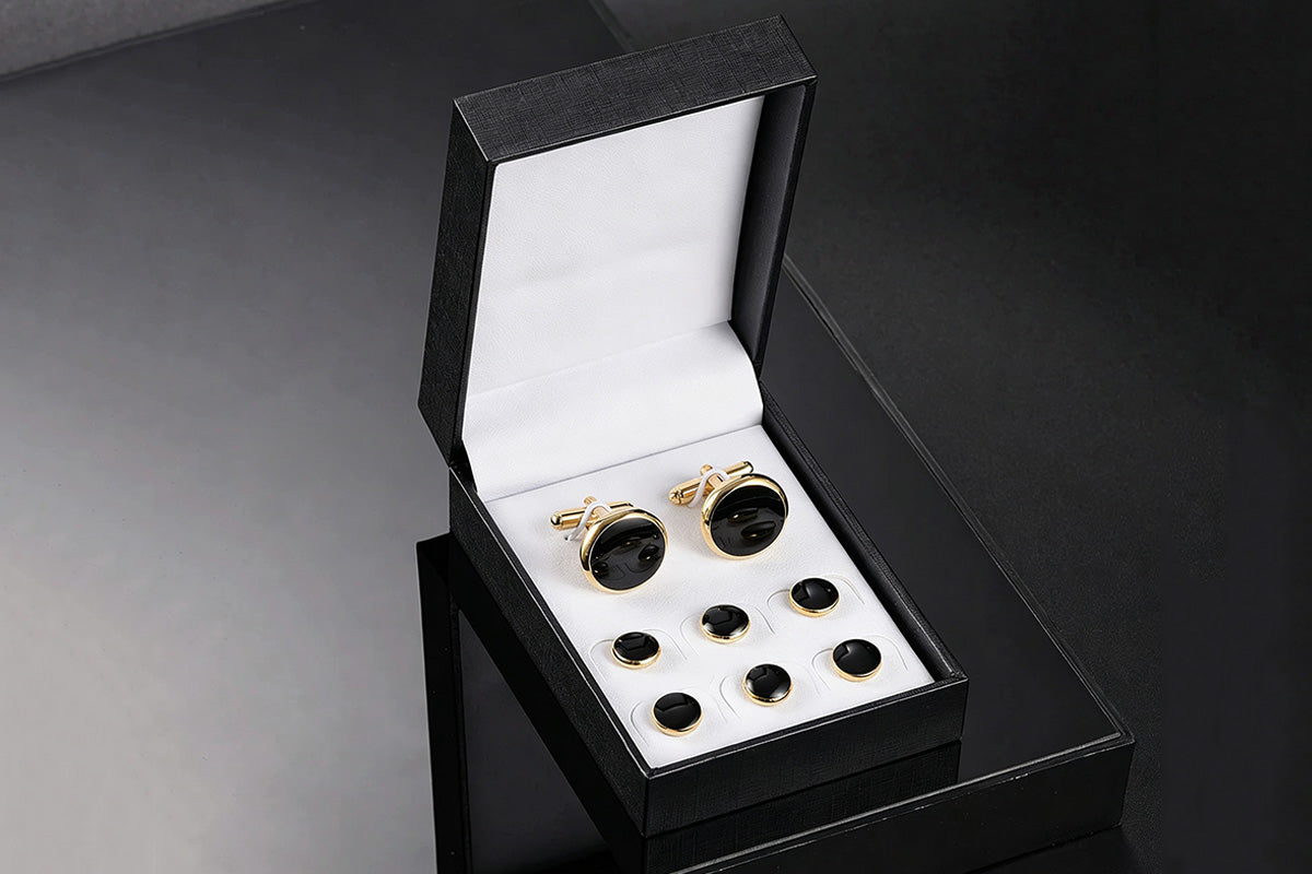 8 Pieces Men Tuxedo Cufflink and Shirt Stud Set for Weddings Parties - Gold