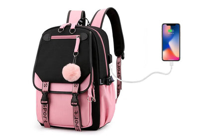 Girls Backpack Middle School Students Bookbag with USB Charge Port-Pink