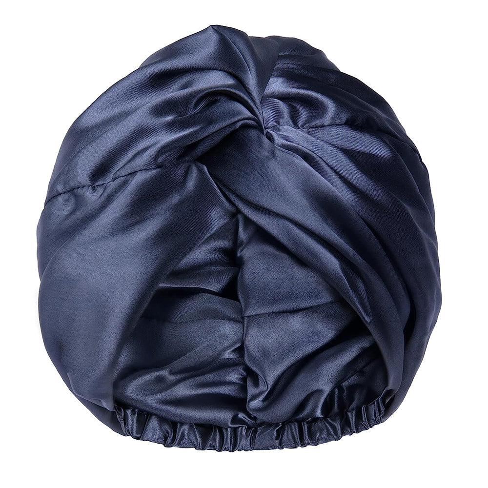 100% Silk Bonnet Sleep Cap for Women Hair Care Adjustable Knotted Turban Hat Navy
