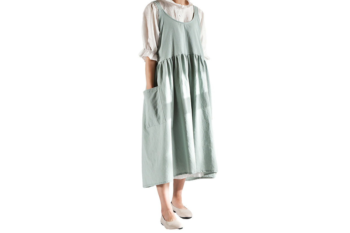 Cotton Linen Aprons Cross Back Apron with Pockets for Women with Pockets Pinafore Dress for Baking Cooking-Green