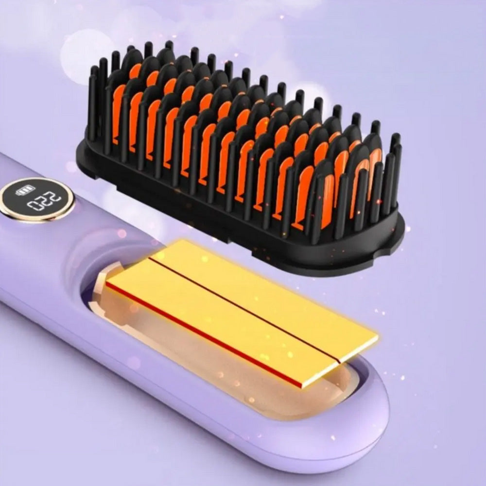 Cordless LCD Hair Straightening Brush 2-in-1 Portable Styling Tool for Travel-Purple