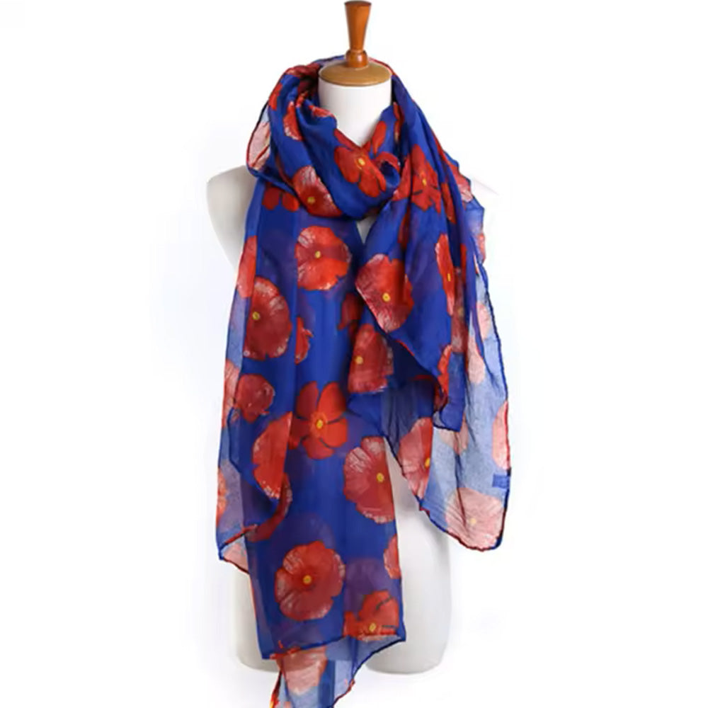 Women's Floral Print Scarf Lightweight Sheer Long Scarf for All Seasons Blue