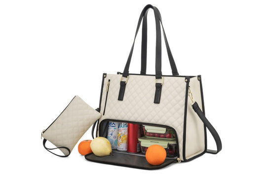 Tote Bag and Wallet Insulated Lunch Compartment for 15.6 inch Laptop-Beige