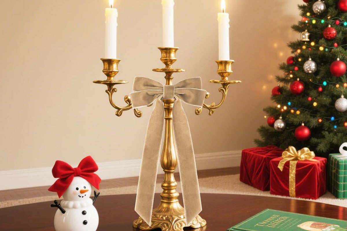 12Pcs Velvet Ribbon Bows for Christmas Tree Vintage Rustic Craft Bows -Coffee