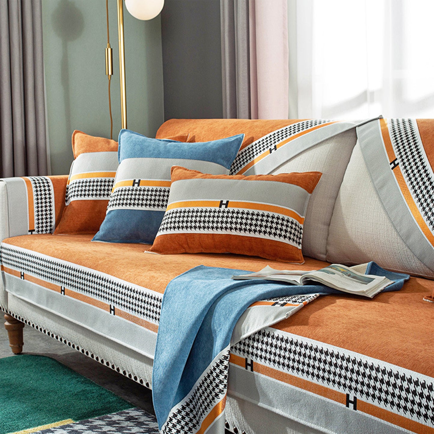 Plaid Couch Universal Furniture Protector Chenille Sectional Couch Covers -Orange