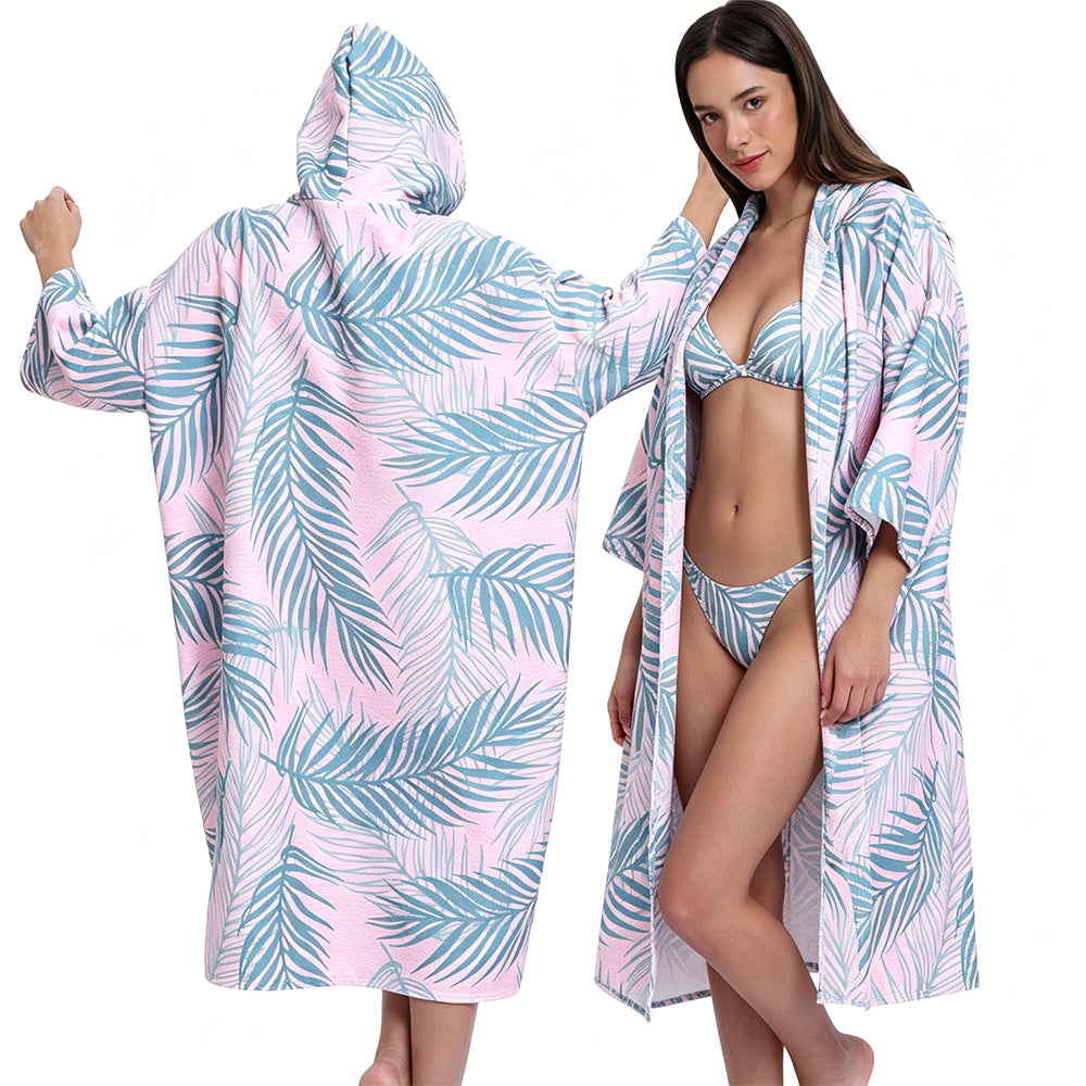 Unisex Hooded Towel Poncho Swim Parka for Adults - Pink Leaf