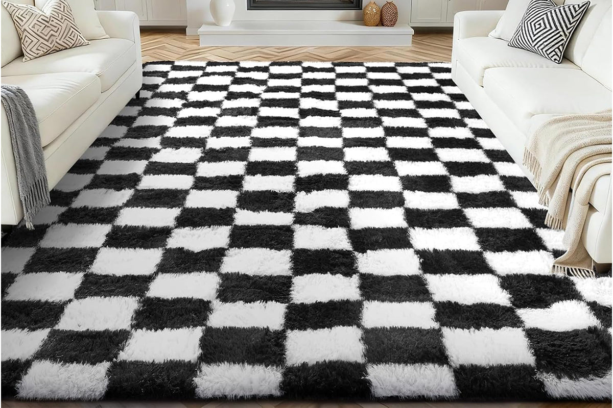 Checkered Plush Shaggy Rug Non Slip Carpet - Black