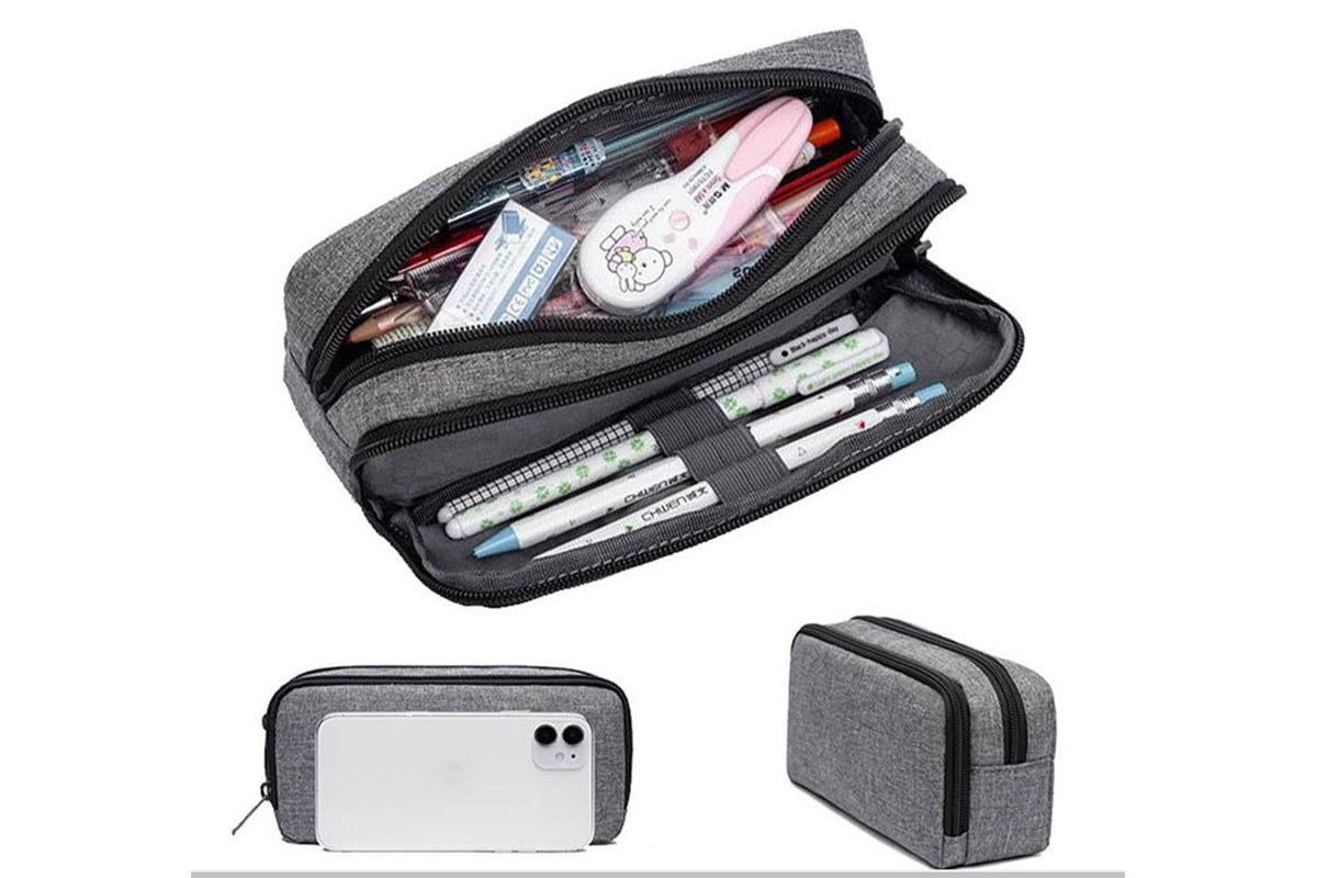 Large Capacity Pencil Case Pen Bag Organizer School Office Cosmetic Stationery Storage -Grey