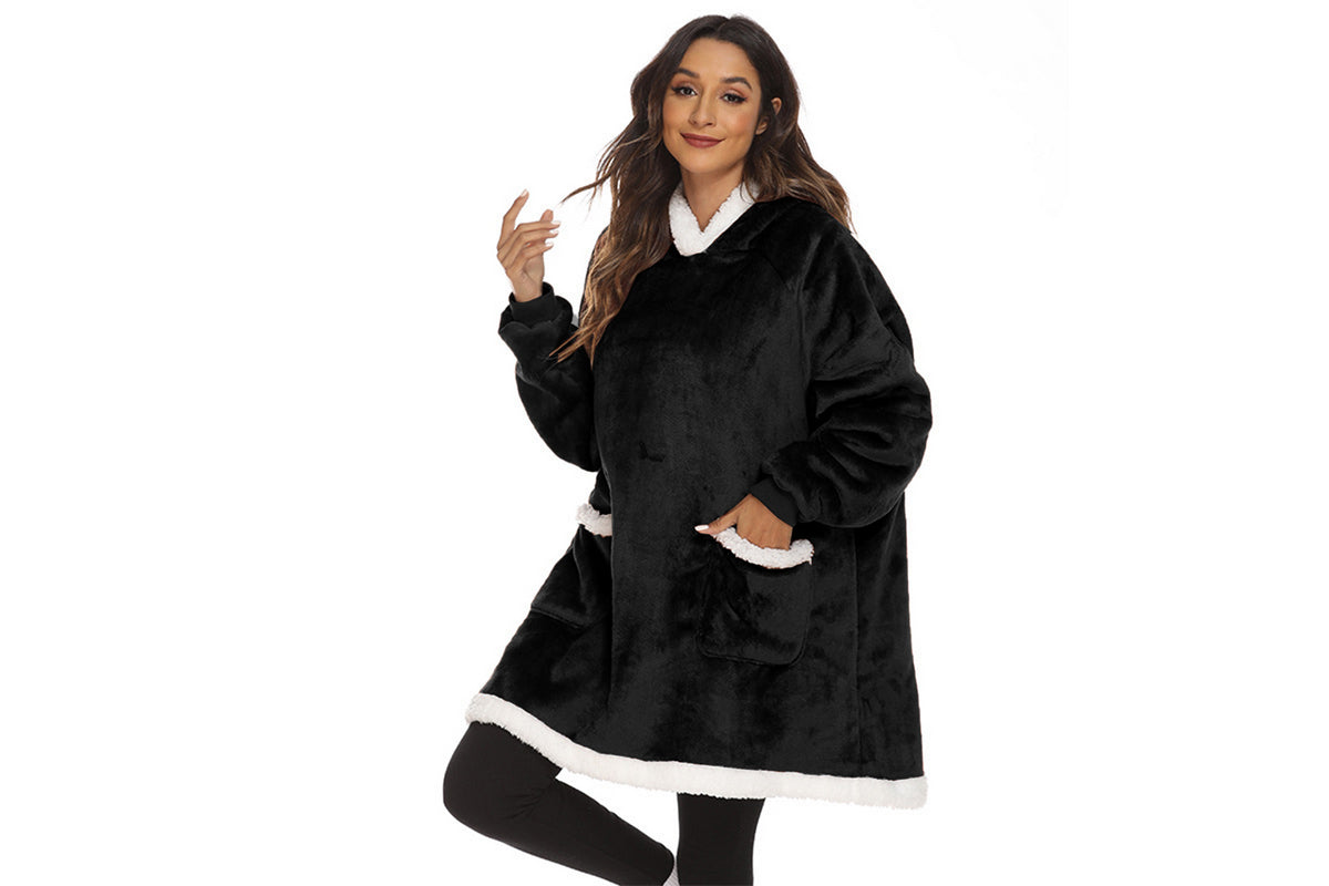 Multifunctional Wearable Blanket For Adult Sherpa Fleece Hooded Blanket Hoodie-Black
