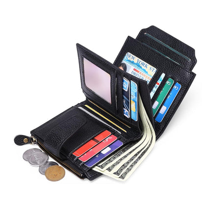 Genuine Leather Women's Wallet Short RFID Blocking Purse with Zipper Black