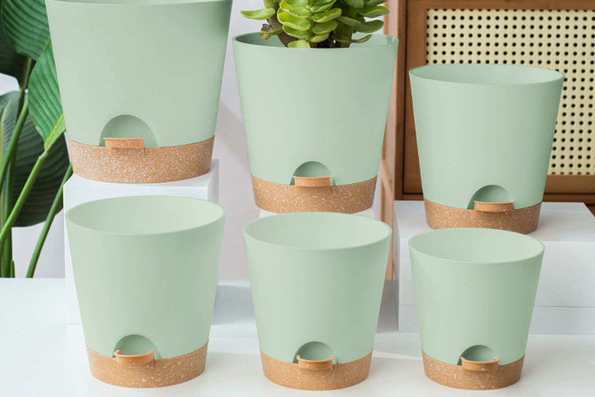 6Pcs Plastic Plant Flower Pots Self Watering Planters Sets-Green